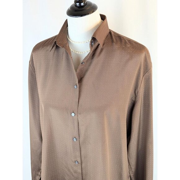 Vintage 1980s Women's Brown Silky Collared Blouse Button-Down Dress Top Sz 16 - Picture 3 of 10